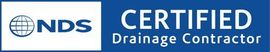 NDS Certified Drainage Contractor logo. Blue background with white text and a globe icon. NDS Certified Drainage Contractor logo. Blue background with white text.