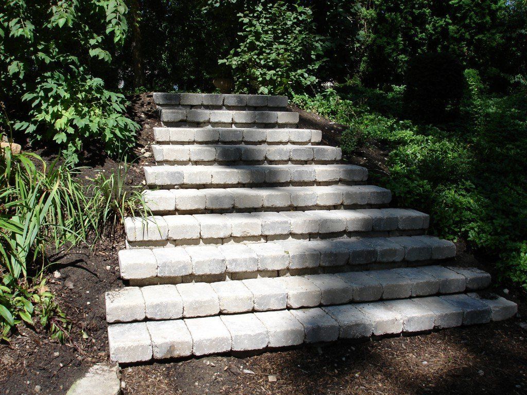 Stone steps leading uphill through a shaded, overgrown garden.