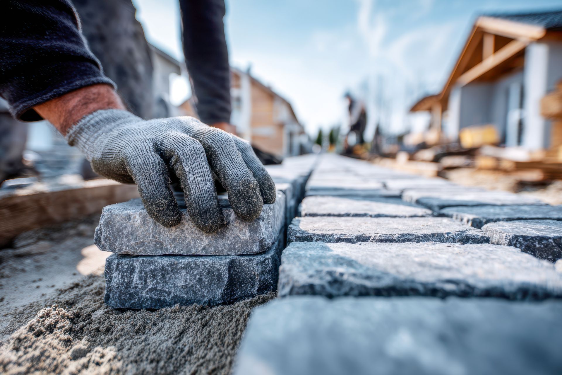 Hardscape construction contractors installing granite cobblestone pavers for a path.