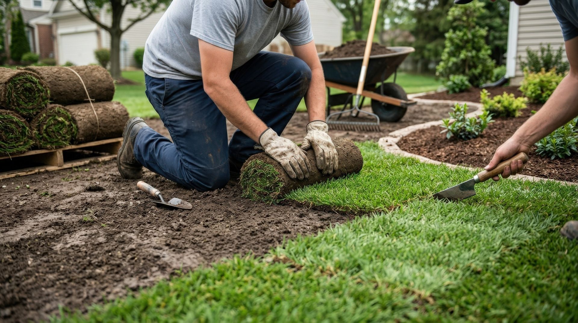 Landscaping installer kneeling while unrolling sod onto prepared soil.