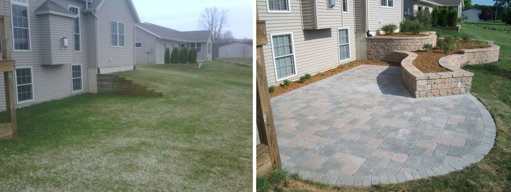 A before-and-after shot of a house's backyard, showing a grassy lawn.