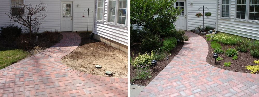 Before and after photos of a brick pathway and landscaping around a house.