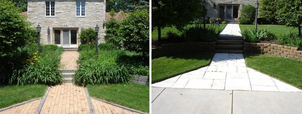 Two views of a house front: one with a brick path, the other with a white stone path. Lush green landscaping.