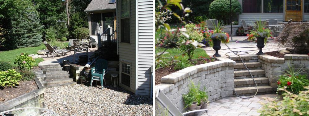 Stone patio with stairs, retaining walls, and planted garden beds surrounding a house.