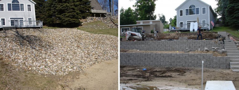 Two houses on a waterfront; the left is a rocky slope, the right has stone retaining walls and steps to the water.