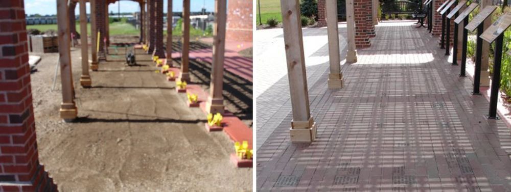 Two perspectives of a shaded pathway with wooden posts and brick supports. One view in process.