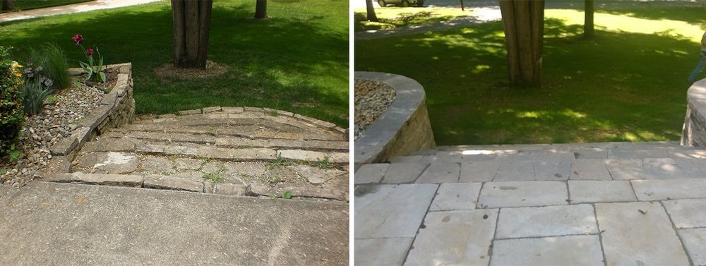 Before and after view of stone steps and a retaining wall. The left side shows older, worn surfaces. 