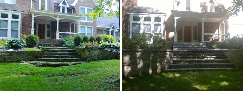 Two houses with steps and porches, in a grassy setting.