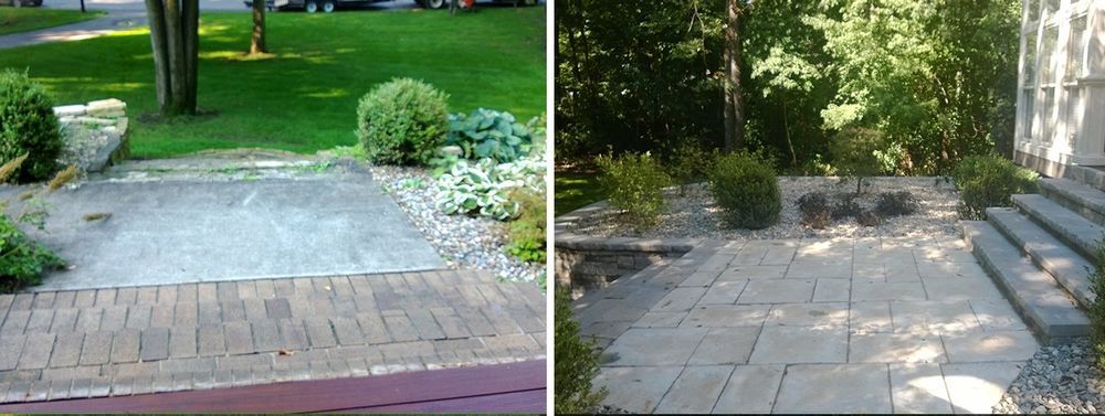 Before and after view of a paved patio area with landscaping and steps leading to a building.