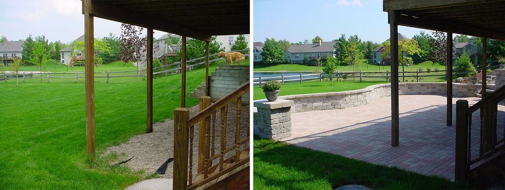 Two-part image of a backyard patio: grass on the left, a stone patio on the right, under a deck's cover.