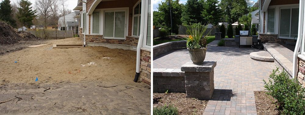 Before and after of a backyard patio renovation. The left side is bare dirt.