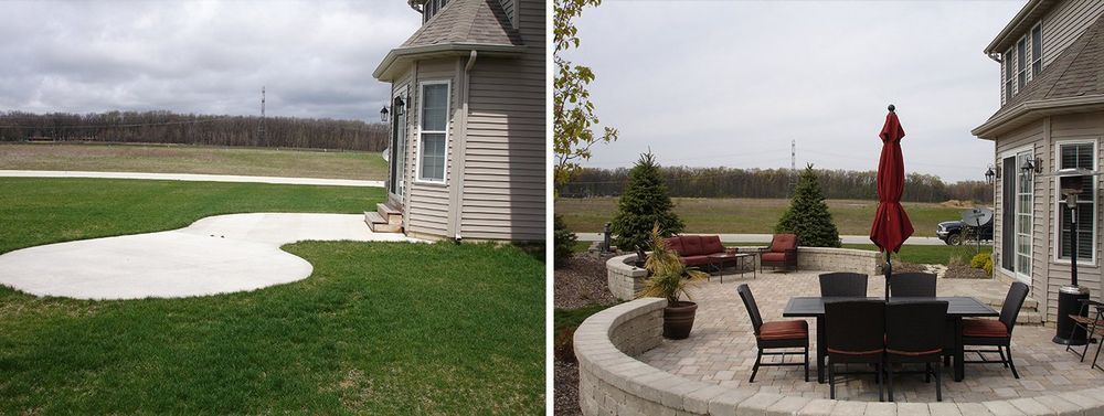 Before and after view of a house. One side shows unfinished concrete, the other has a furnished patio.