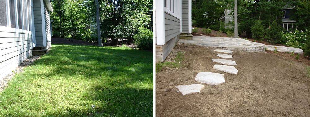 A green lawn next to a house with a stone pathway. Trees are in the background.