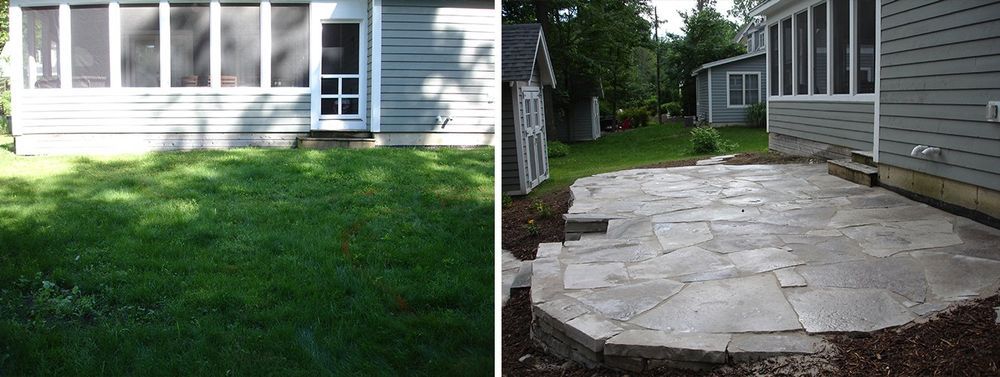 A side-by-side view showing a green lawn next to a gray stone patio. A gray house is present.
