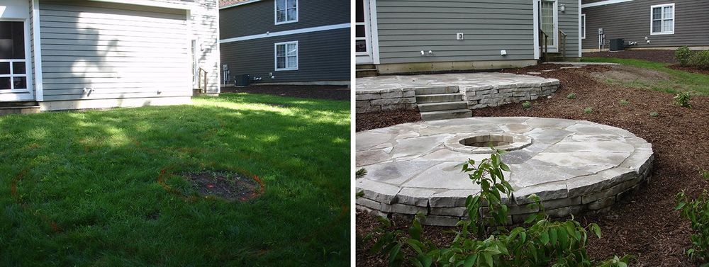 Yard with grass transformed into a stone patio with a built-in fire pit.
