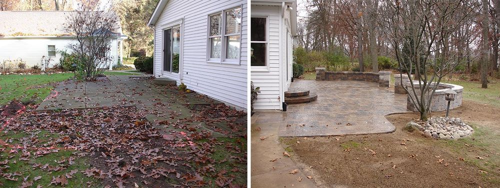 Two side-by-side outdoor shots: left, leaves on lawn; right, patio with a structure and a grill.