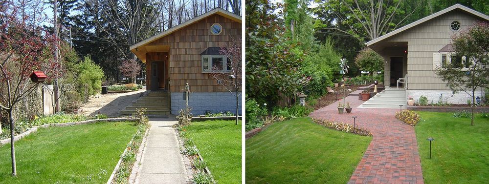 Two side-by-side images of houses with paths and lawns. The left house has a wooden facade, the right a pale one.