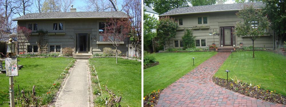 Side-by-side comparison of a house with a concrete walkway (left) and a brick walkway (right).