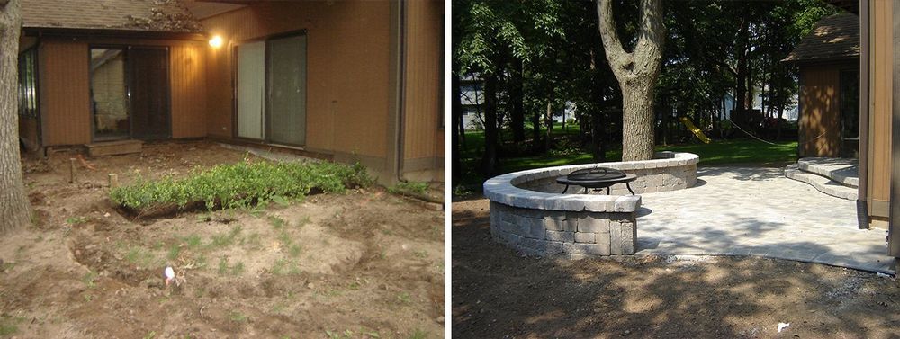 Before and after of a yard. One side has dead grass and weeds, the other a stone patio with trees.