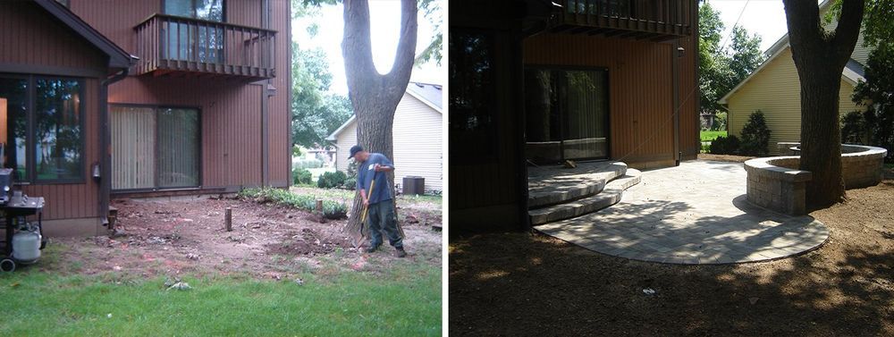 Before and after photos showing exterior of brown building. Before, dirt and grass. After, stone patio.