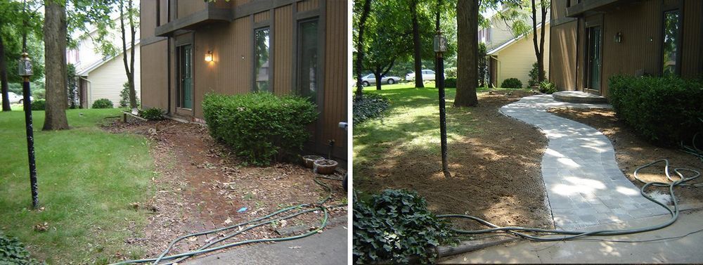 Before and after of a pathway construction. The after shows a concrete path replacing dirt.