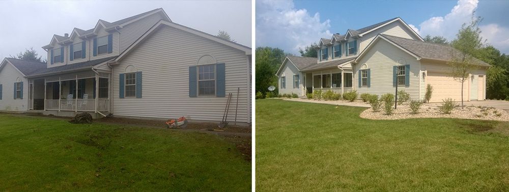 Before and after comparison of a house; left, cloudy and older; right, sunny and landscaped.
