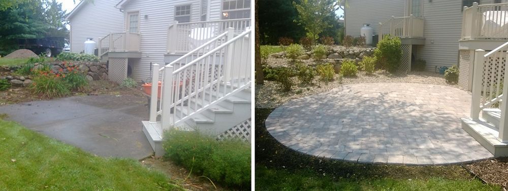 Before and after of a concrete patio area, overgrown before, now paved. Deck on the right.