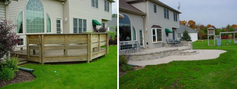 Backyard with house and lawn. Wooden fence on left, patio on right. Green grass.