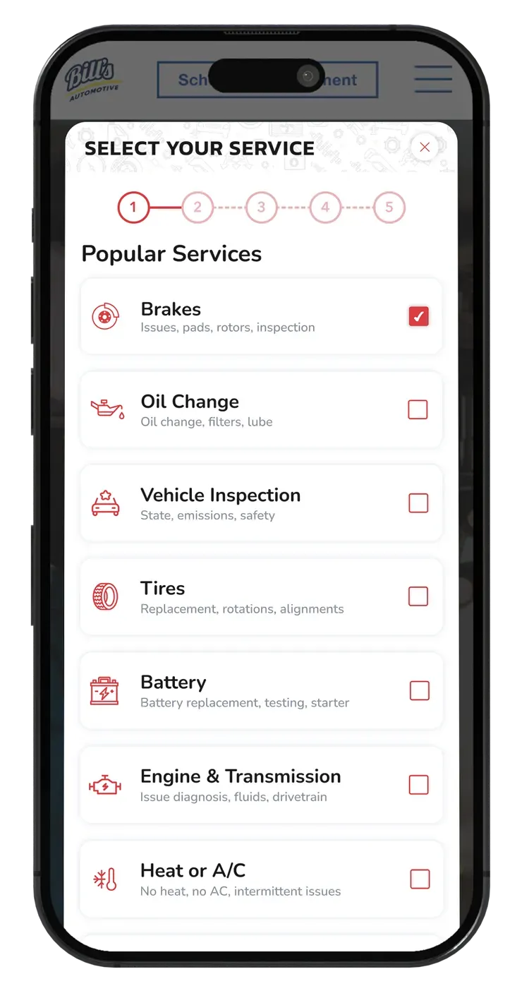 Mobile app screen showing “Select Your Service” with a list of popular services and checkboxes.