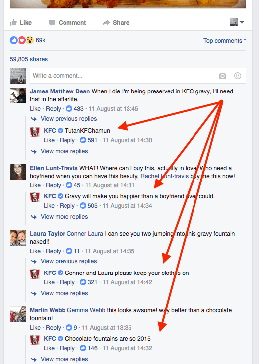 Facebook comment thread with multiple red arrows highlighting comments and replies on a post