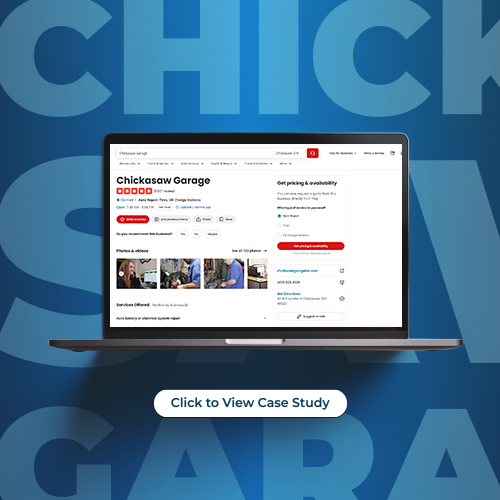 Laptop mockup on blue background with “Click to View Case Study” button and site preview on screen