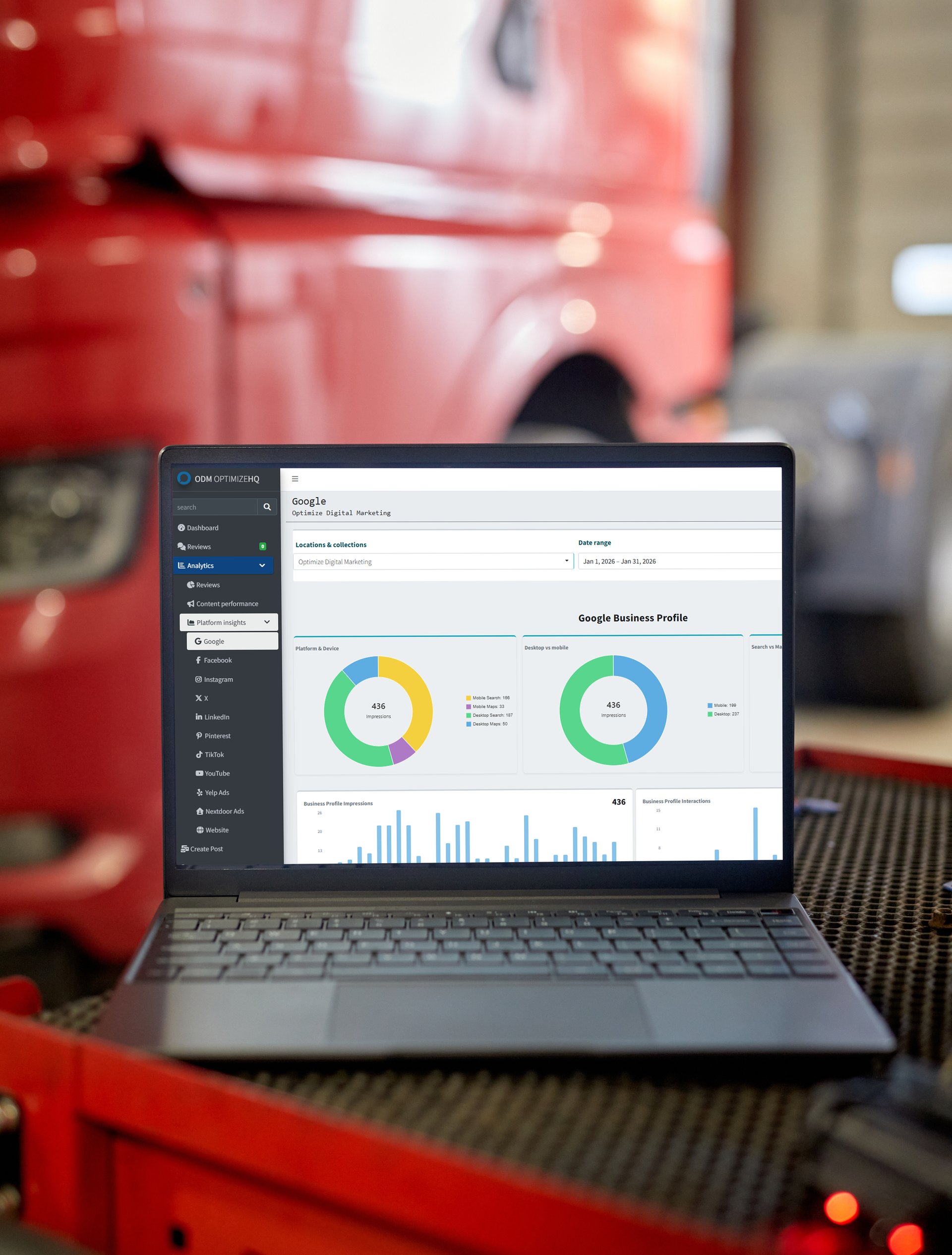 Laptop displaying analytics dashboard on a table in an industrial setting