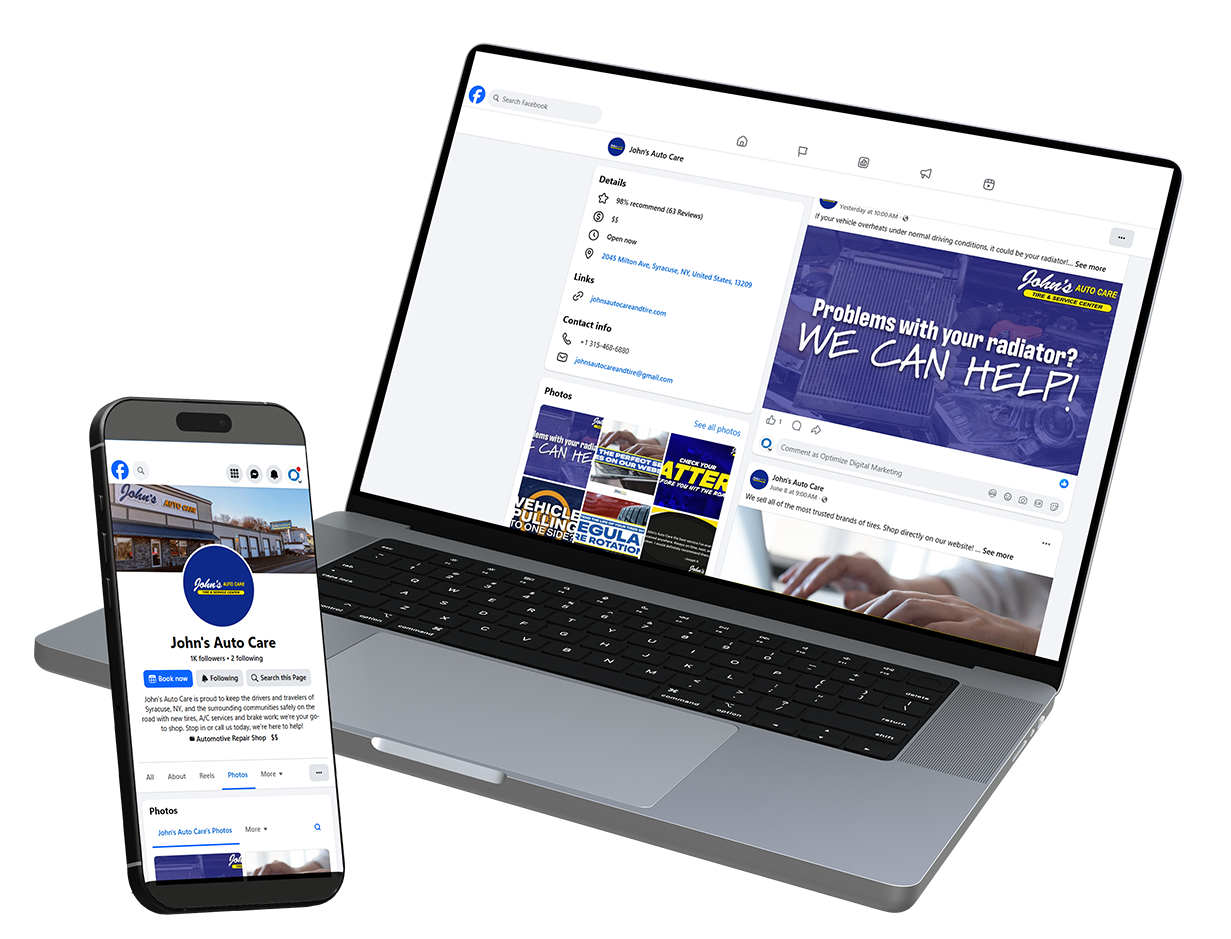 Laptop and smartphone showing a Facebook page and a “We Can Help” banner