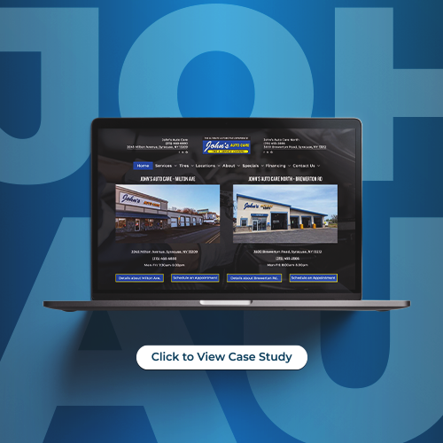 Laptop displaying a website case study on a blue background with a “Click to View Case Study” button