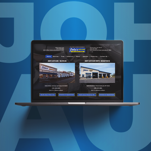 Laptop displaying a roofing company website on a blue background with large, faded letters