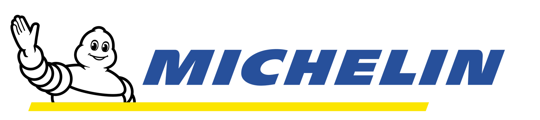 Michelin logo with the white Bibendum mascot beside blue wordmark on a yellow background