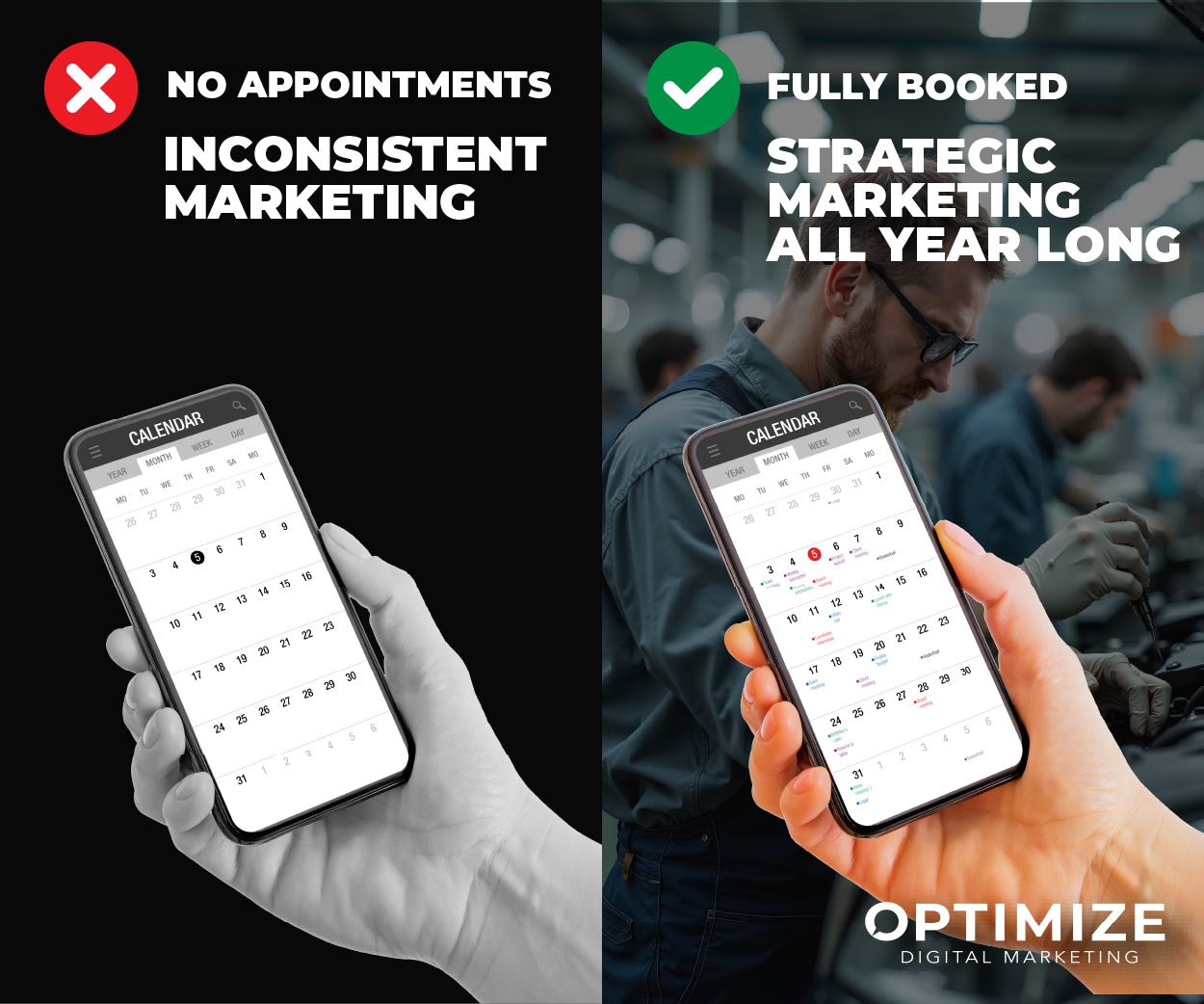 Split-screen ad: no appointments versus fully booked strategic marketing, with phones showing calendar schedules