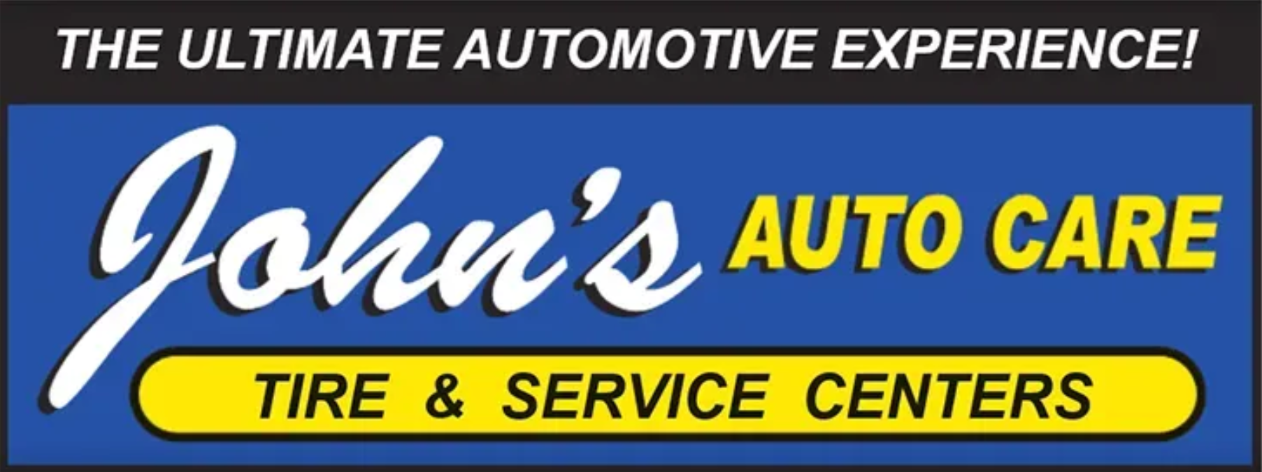 John's Auto Care logo with blue and yellow banner reading “Tire & Service Centers”