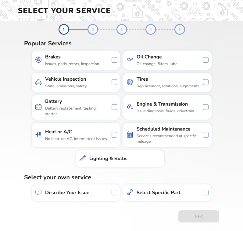 Car service selection screen with options like brakes, battery, tires, engine, and maintenance in a white interface