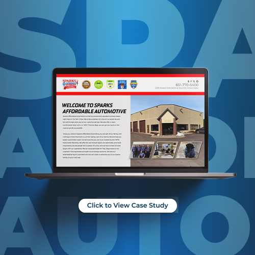 Laptop showing an automotive website with a dealership photo and “Click to View Case Study” button