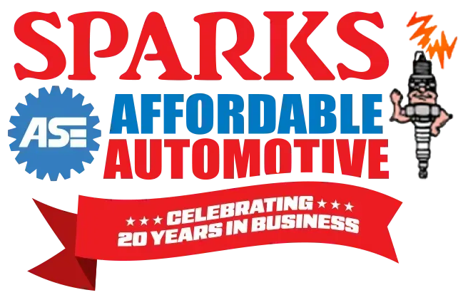 Sparks Affordable Automotive logo with red text, blue ASE gear, and ribbon reading “Celebrating 20 Years in Business”