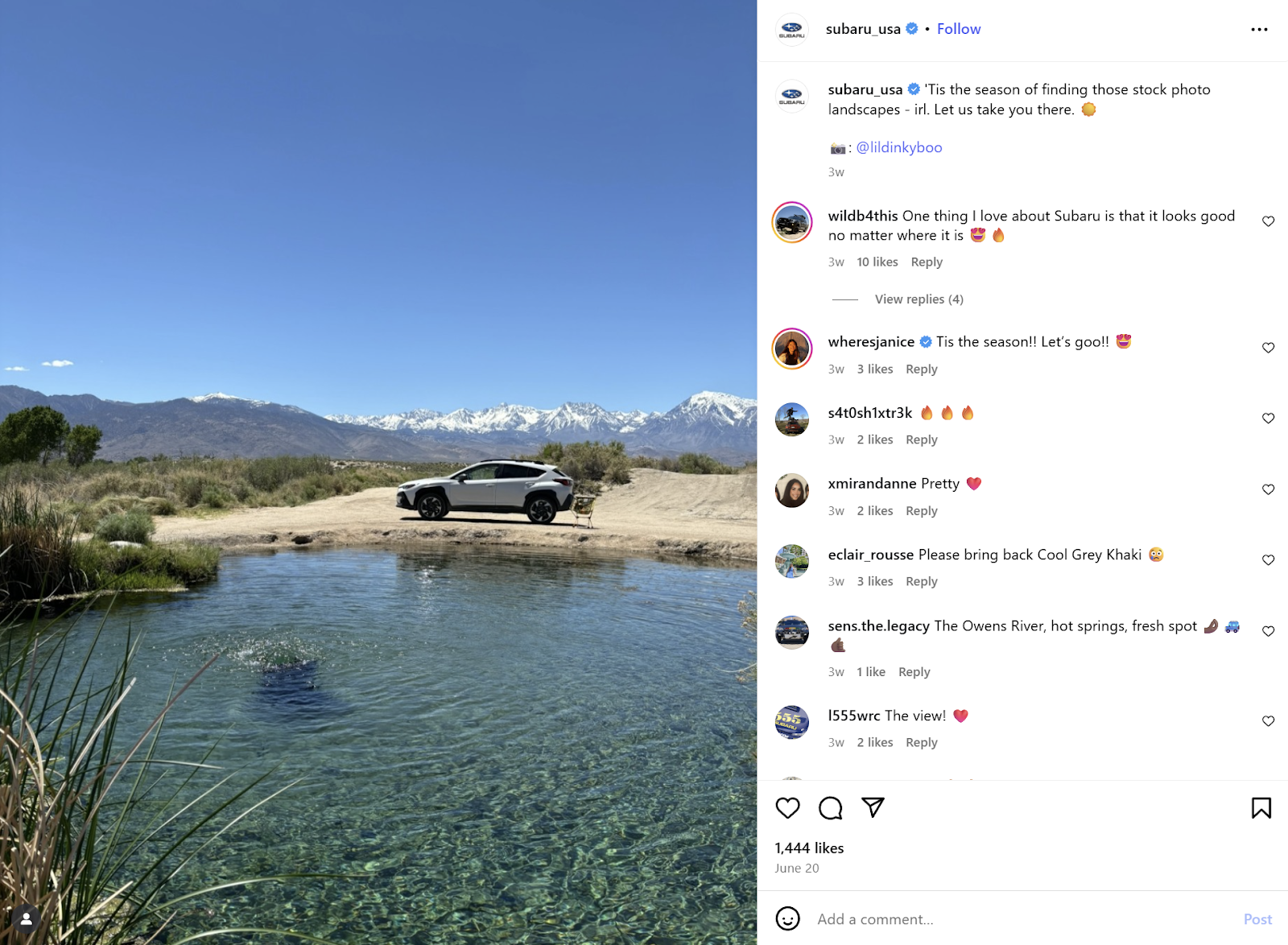 Truck parked by a clear mountain lake with snowy peaks and a blue sky; social media comments shown on the right.
