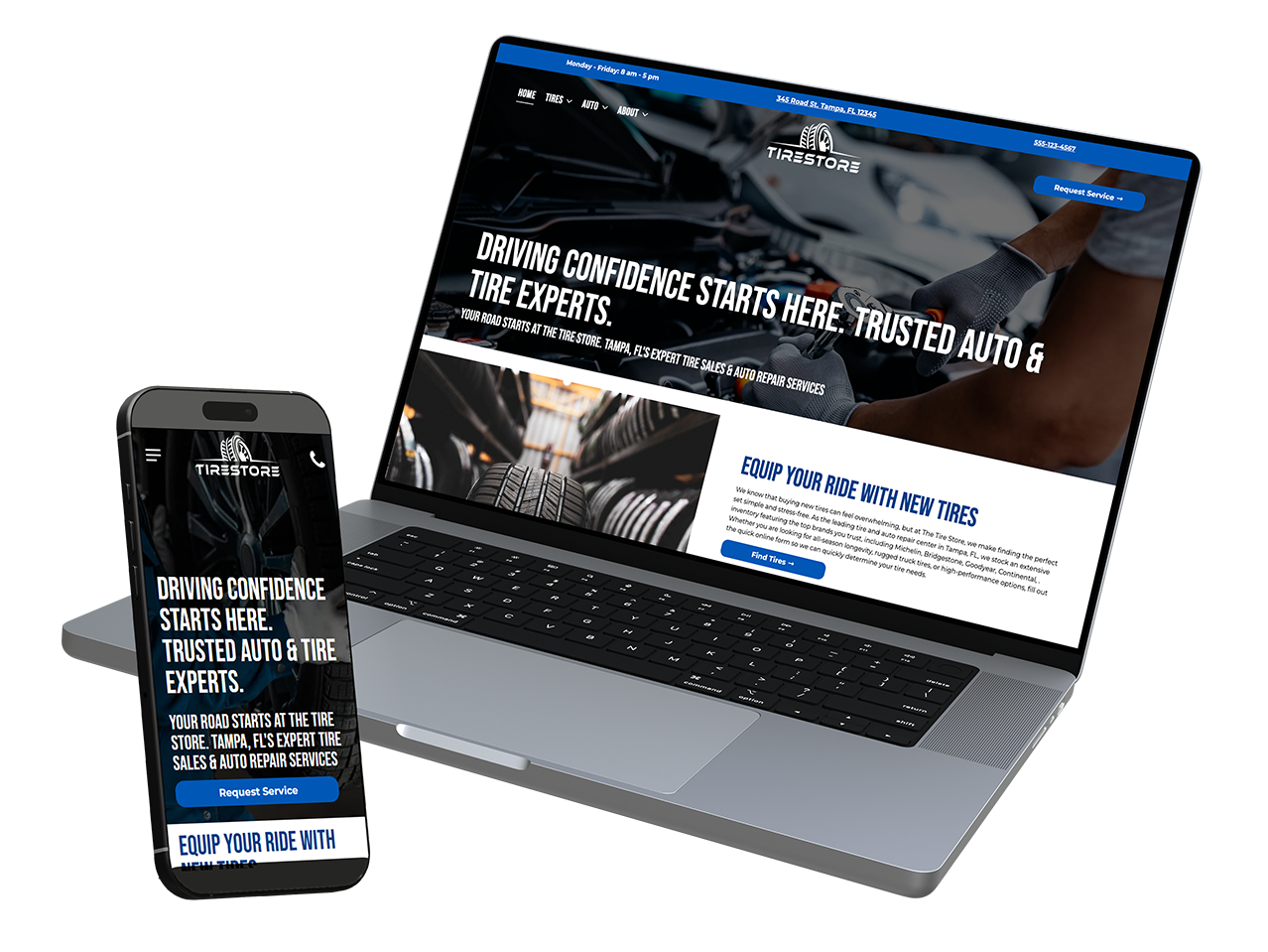 Laptop and smartphone displaying a responsive website with dark and white sections