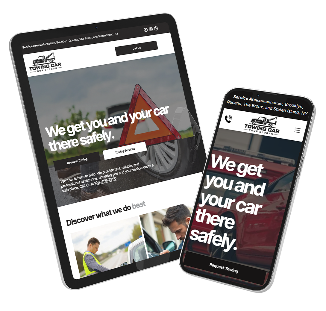 Two angled tablets showing a website, one with a dark hero image and one with white text on a black screen.