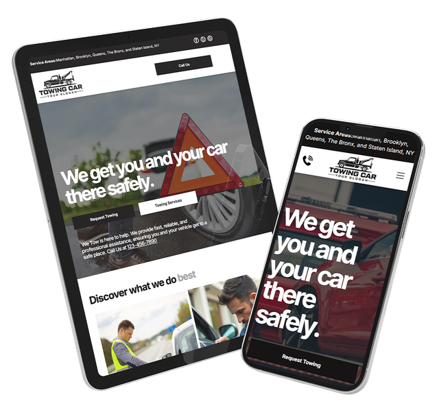 Tablet and phone showing a car safety website with bold white text over red and black graphics