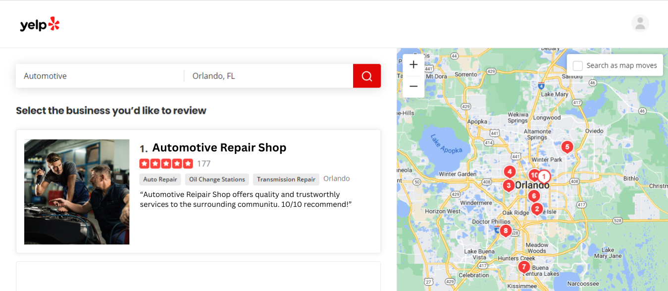 Yelp search results page with a restaurant listing and a map filled with location pins
