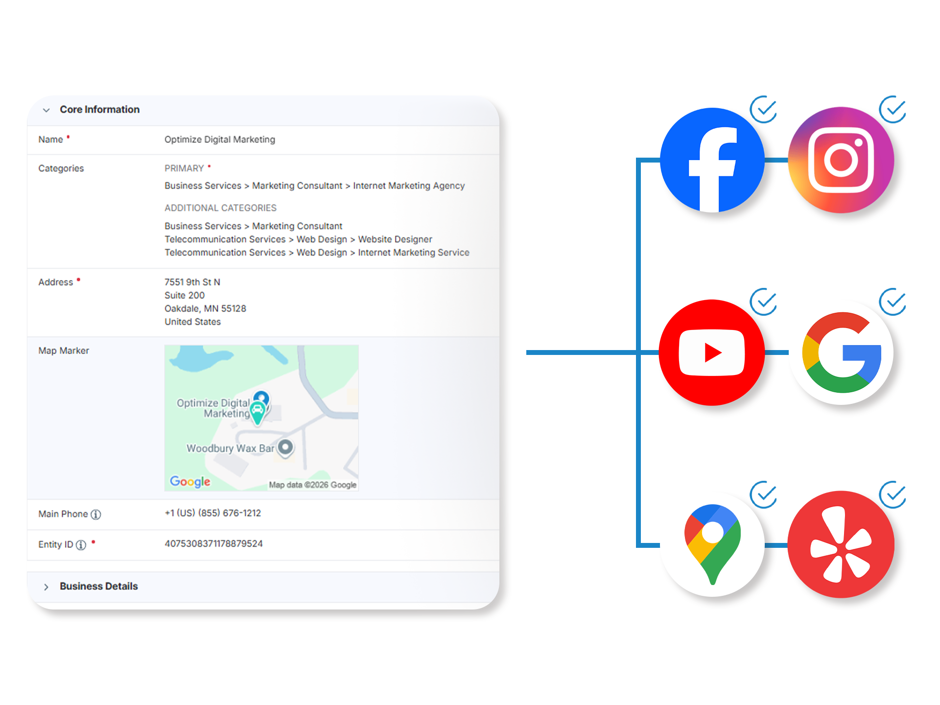 Social media profiles and map location icons beside a business listing page