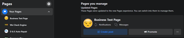 Dark-themed Facebook Pages manager showing a “Bachelors Test Page” with page action buttons.