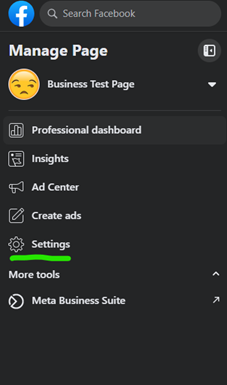 Facebook page management menu for “Business Test Page” in dark mode, with Settings highlighted in green.