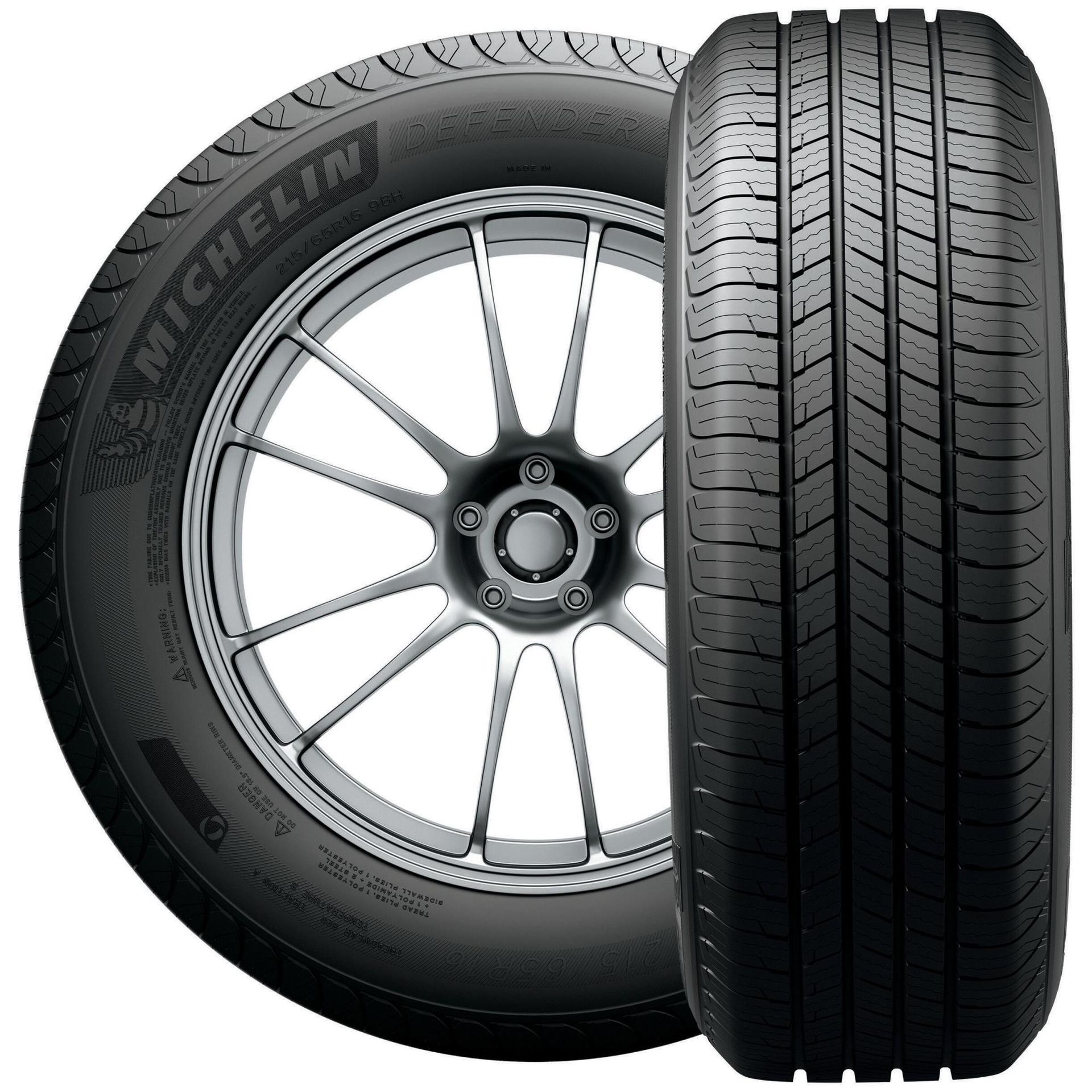 Two black car tires, one showing tread and one mounted on a silver wheel rim